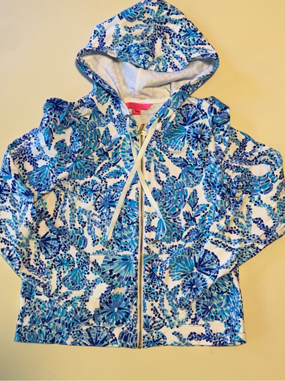 Lilly Pulitzer Audrey zip-up hoodie featuring a Turquoise Oasis tropical print